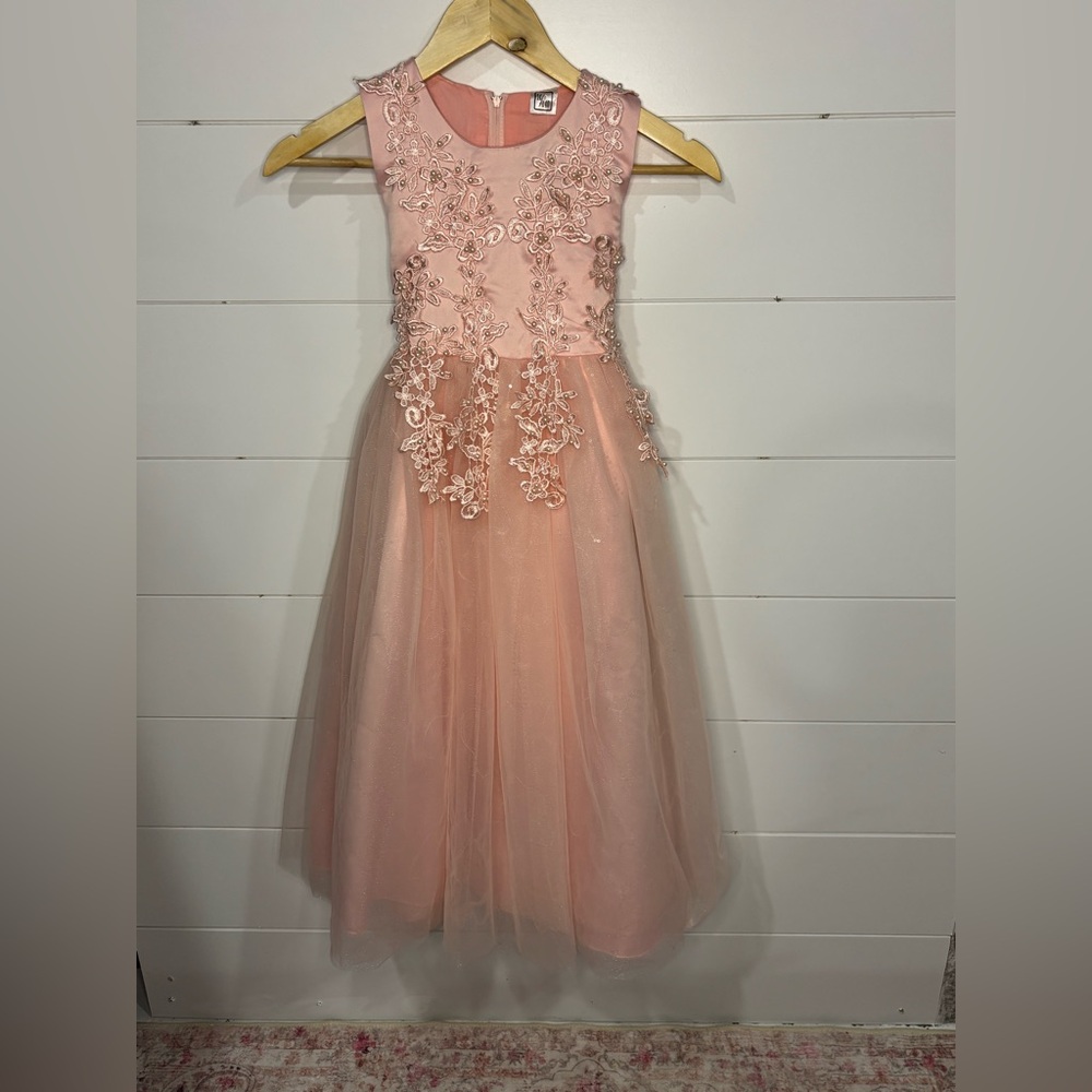 ' Blush Pink/Peach Floral  Tulle Flower Girl Dress.